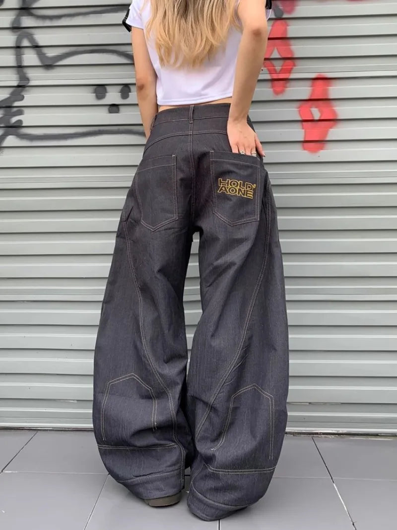 American New Fashion Letter Embroidery Stitching Old Baggy Jeans Women Y2K Harajuku  Popular High Waist Wide Leg Trousers