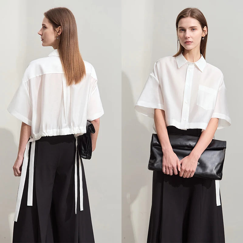 Amii Minimalism 2024 Women Shirt Summer New Lapel Casual Loose Short Belt Female Drop Sleeves Solid Fashion Blouse Tops 12452020