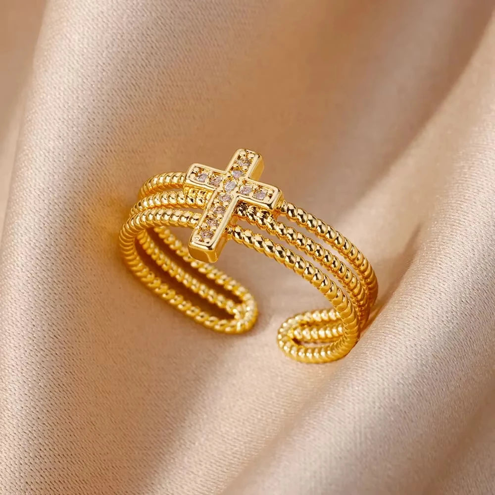 Luxury Zircon Geometric Rings For Women Stainless Steel Gold Color Open Ring Trendy Wedding Party Aesthetic Jewerly Gift Femme