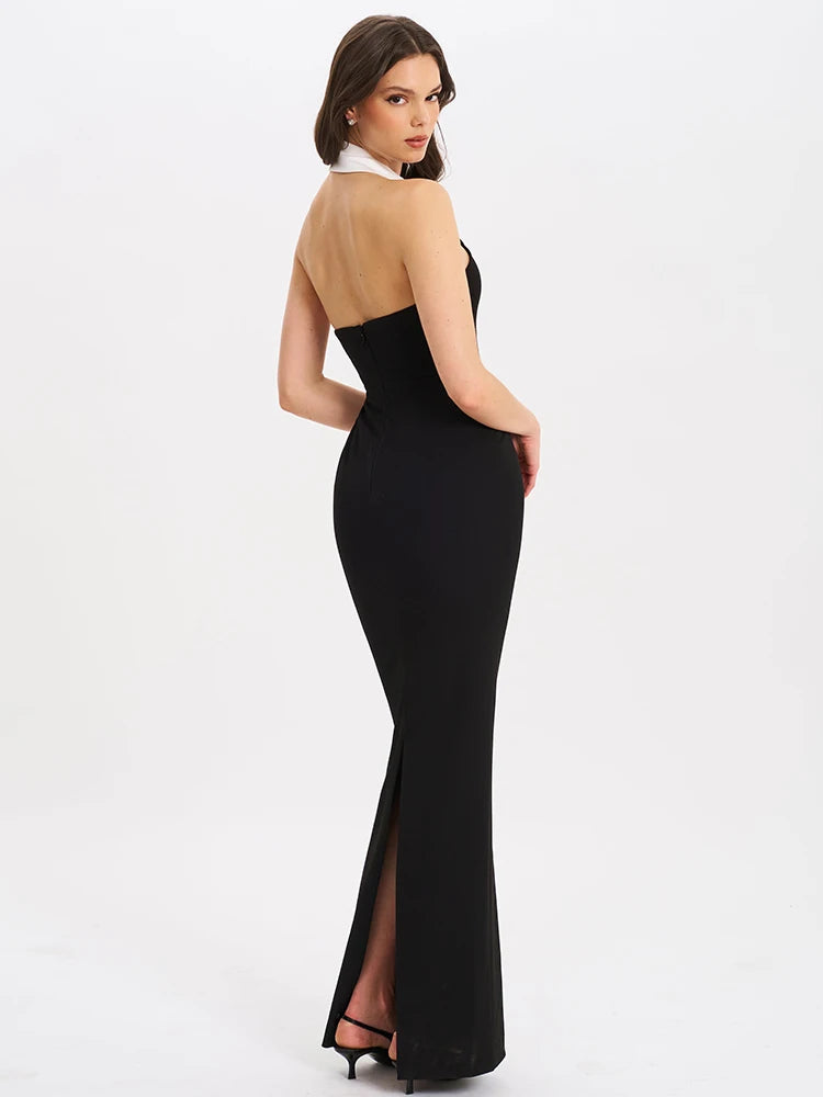 Mozision Halter Backless Sexy Maxi Dress For Women Gown Contrast Color Notched Collar Sleeveless Bodycon Club Party Tank Dress