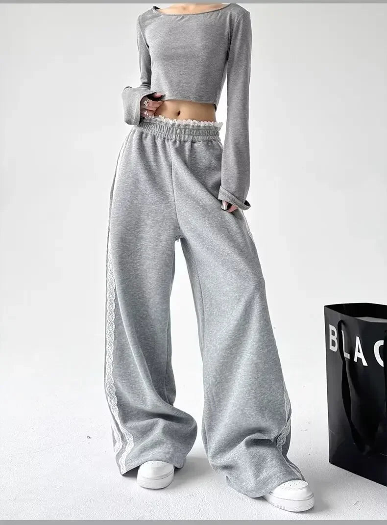 Trendy Casual Wide Leg Pants Women's Autumn Winter High Waist Splicing Lace Trim Drapey Slimming Sporty Trousers