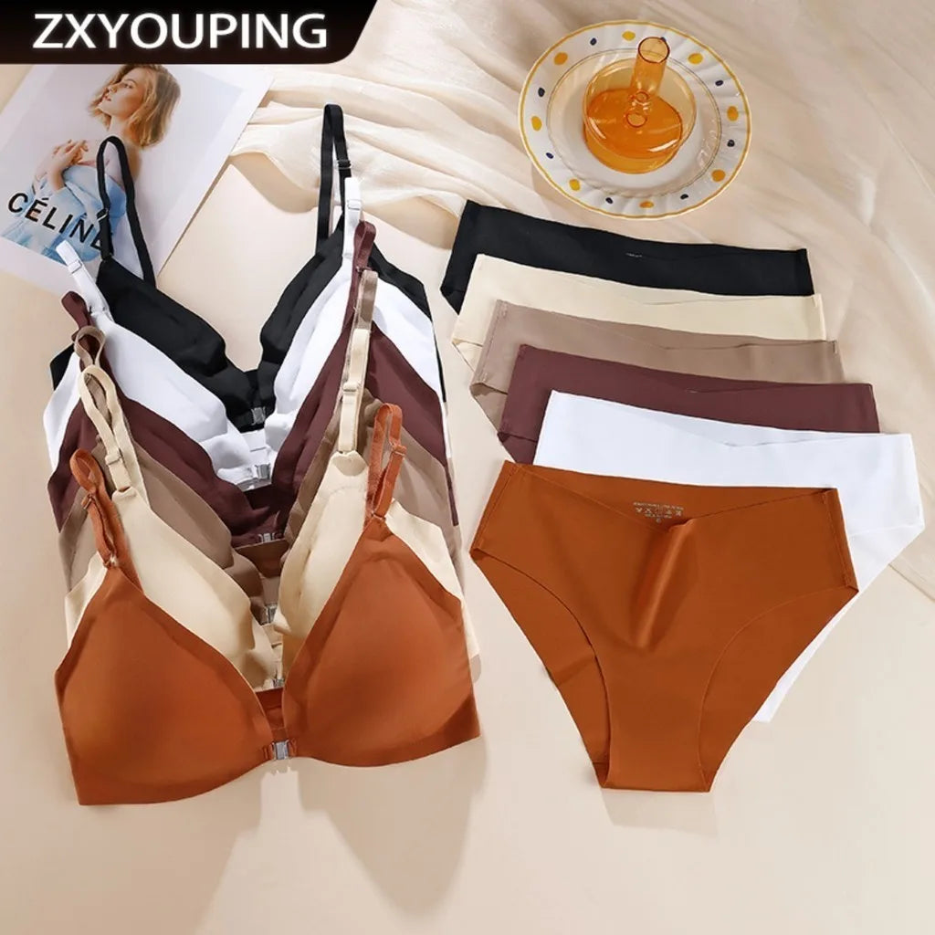 ZXYOUPING Ice Silk Seamless Bra and panty set, Beautiful Back Push-up Bra,Comfortable No Steel Rims Adjustable Plus Size Wireles