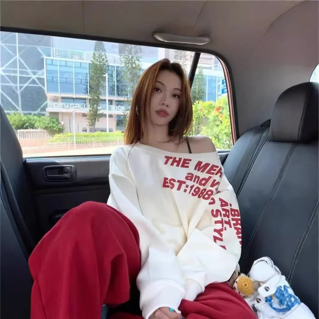 Shoulder Bared Vintage Print Letter Long Sleeve Sweatshirt Women's Autumn New Style Small Audience Oblique Shoulder Irregular Lo