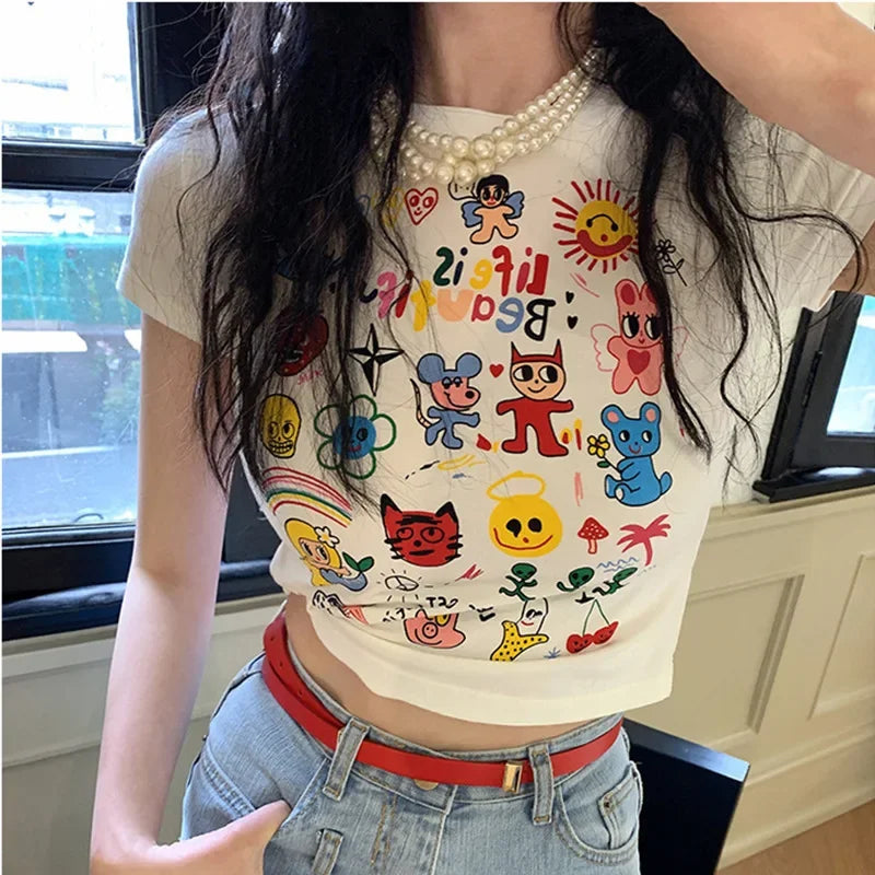 American Cartoon T-shirt Women Summer Fun Printed Slim Fit Chili Girl Top Shorts Casual Trendy Exposing Belly