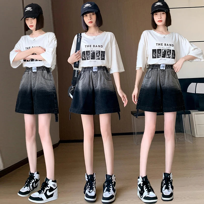 Gradient Plus Size Denim Shorts For Women Summer 2024 New High Elastic Waist Pockets Wide Leg Loose Jean Short Femme Hot Sale