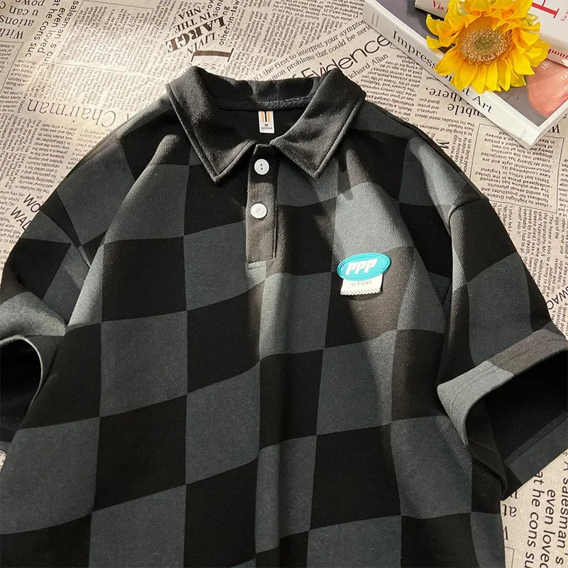 Vintage Preppy Style American Fashion Polo Shirt Men's Half Sleeve Casual Lapel Checkered Pattern T-shirt For Summer