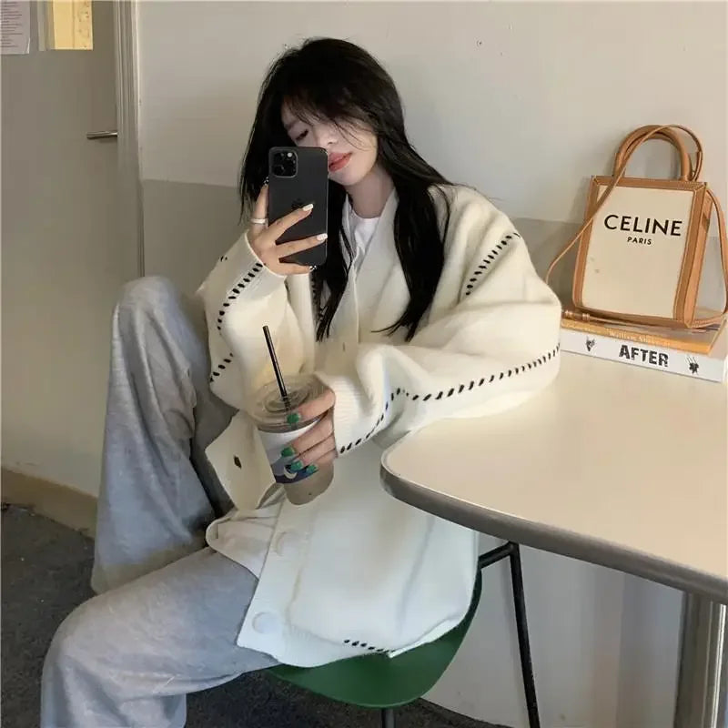 Autumn and Winter Lazy Style V-neck Knitted Sweater Cardigan Women Korean Version Loose Casual All-match Sweater Cardigan Coat