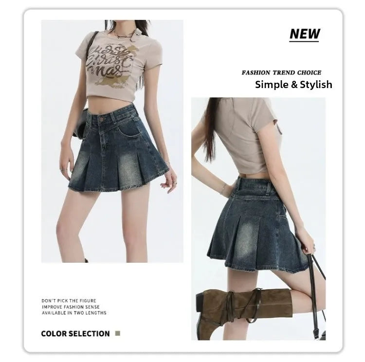 American Sle Versatile High Waist Denim  Skirt Women's Summer New plus Size Pleated Skirt Small Size Slim A-Line ves