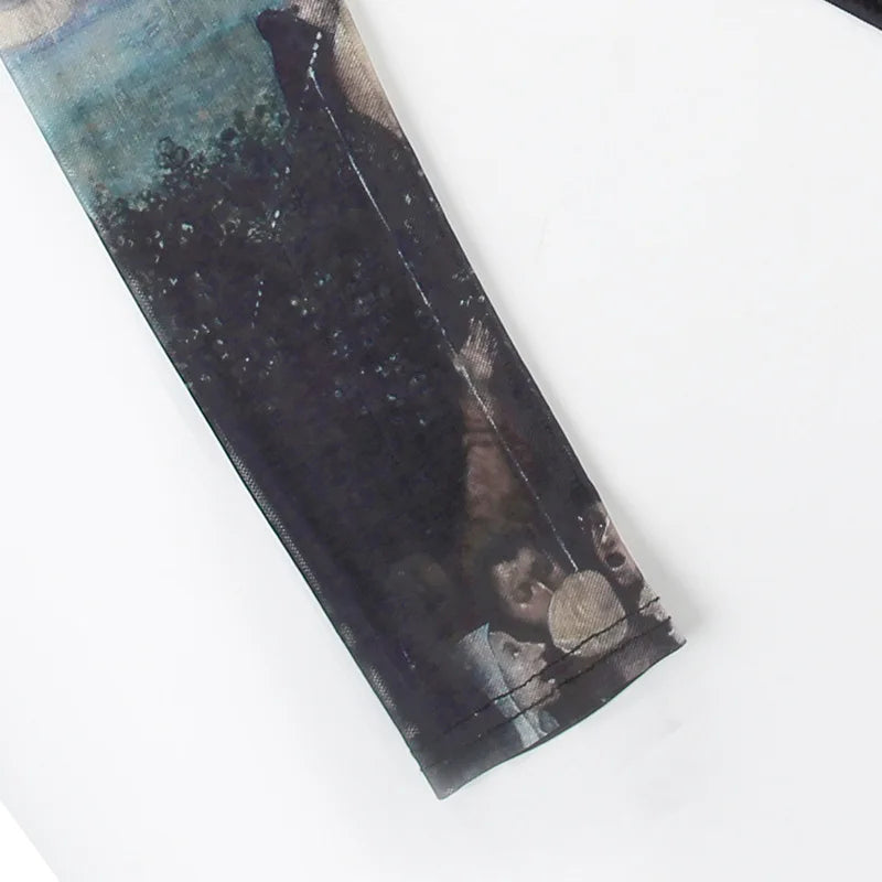 Goth Dark 90s Retro Print Mesh Long Sleeve Skinny Bodysuits Cyber Y2K Sheer Tops Women Gothic Lace Patchwork Bodysuit Streetwear