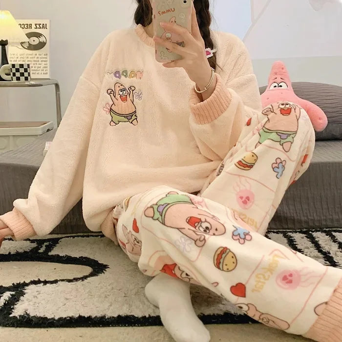 Transborder Flannel Pyjamas Women's Autumn Winter Round Neck Long Sleeve Cute Japanese Cartoon Student Warm Home Clothes Set