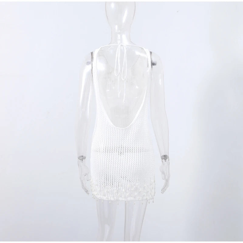 Sexy Backless Pearl Tassel Mini Dress Women Chic Street Knitted Hollow Out Lace Up Slim Short Dresses Lady Spring Beach Party