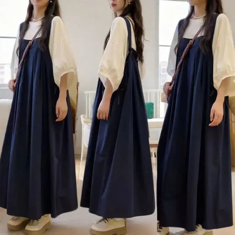 Large Size Women's Summer New Style Loose Slimming Strap Dress Forest System Vintage Retro Big Code Halter Neck Dress