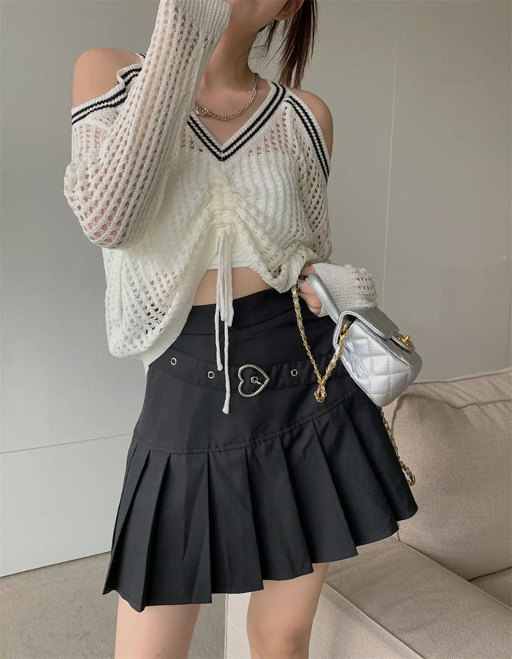 Off Shoulder Hollow Out Shirts Blouses Elegant and Youth Woman Blouse Drawstring Knitted V Neck Tops Vintage Y2k 2022 Fashion