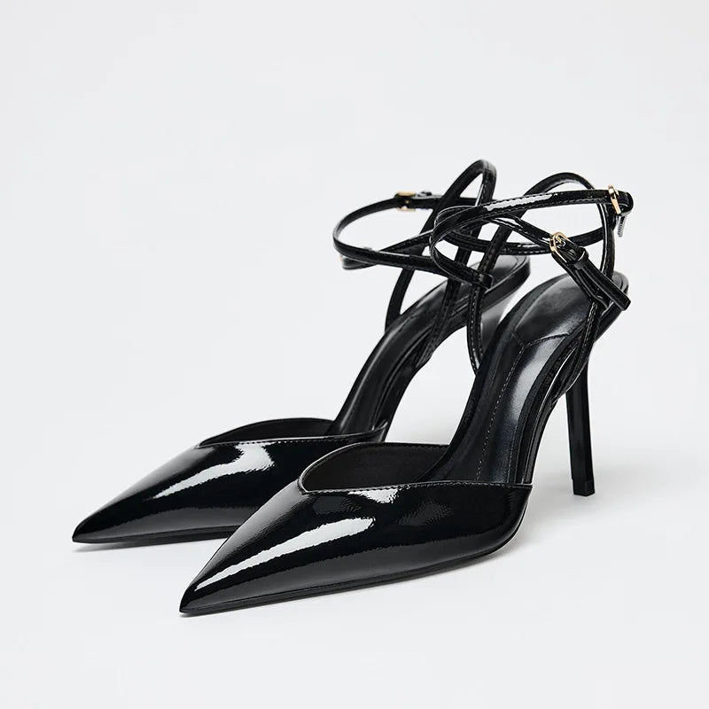 Sexy Pointed Toe Patent Leather Women Pumps Elegant Ankle Strap Buckle High Heels Luxury Designer Shoes Mules Heeled Sandals