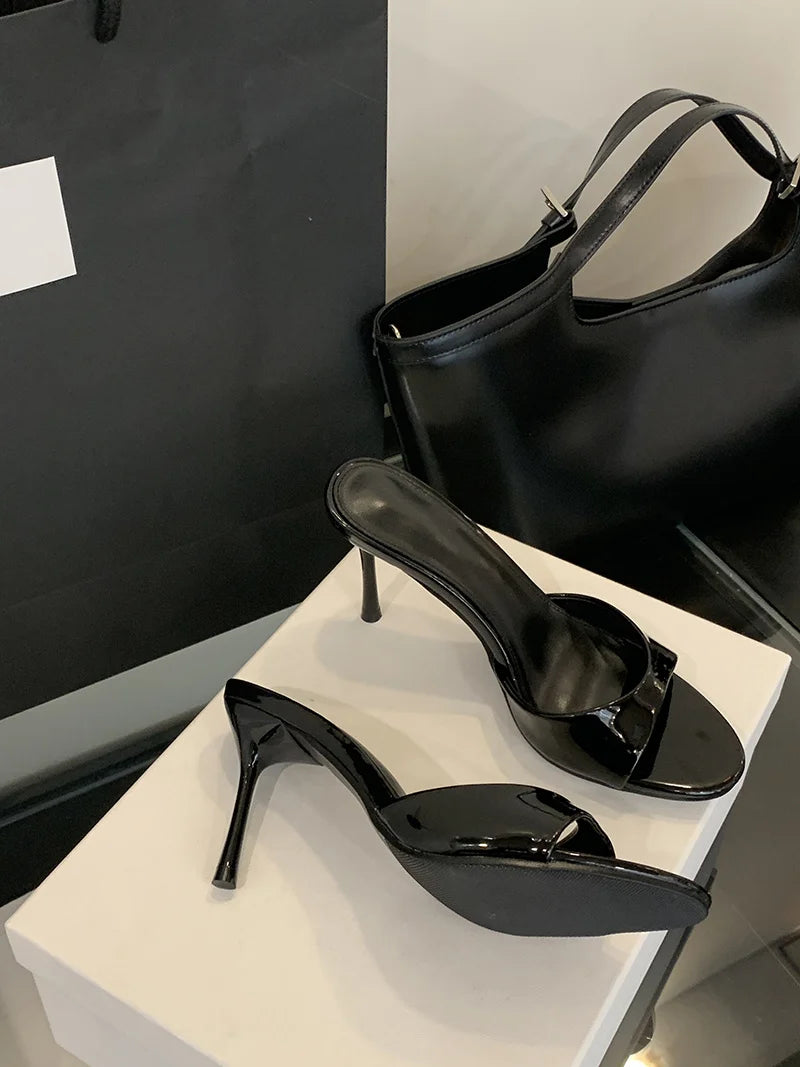 Liyke Wine Red Patent Leather Women Slippers Sandals Fashion Round Open Toe Thin High Heels Mules Slides Summer Party Dress Shoe