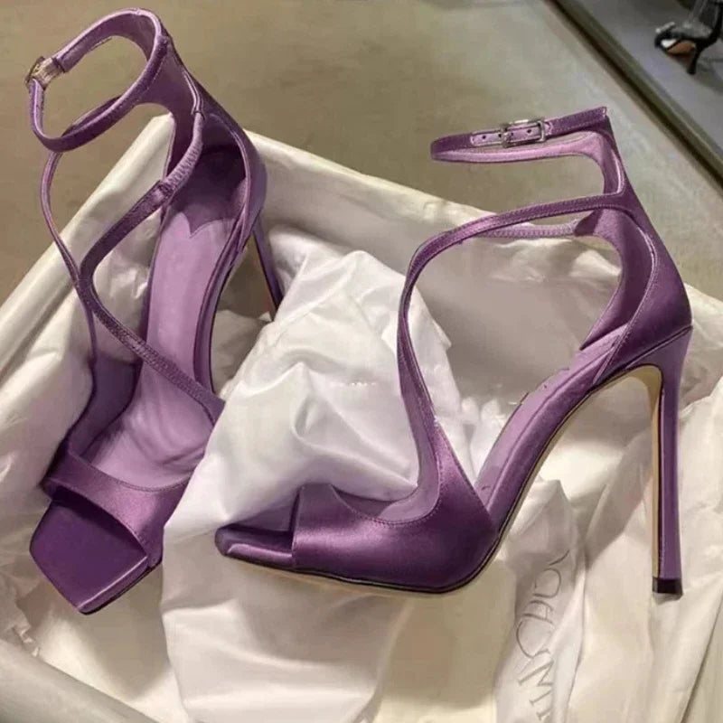 Sexy Luxury Satin High Heels Women Designer Party Dress Shoes Square Head Gladiator Sandals Female Slingback Sandals Women Pumps