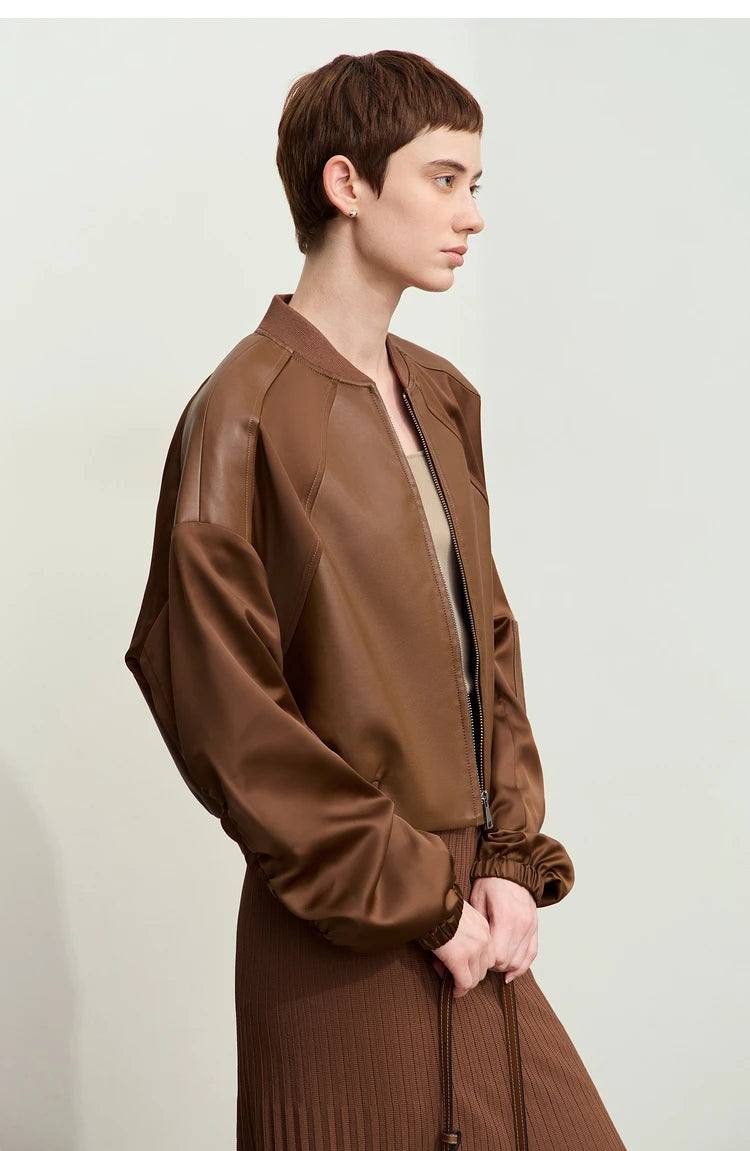 Amii Minimalism PU Leather for Women 2024 Autumn New Casual Handsome Baseball Collar Zipper Short Retro Female Jacket 12423080