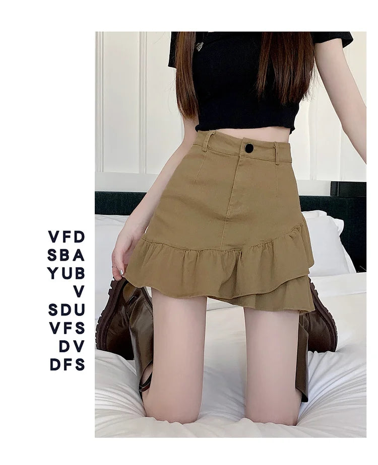 High Waist A-Line  Skirt Women's Spring Summer Denim f-length Skirts with Lace Hemline Cotton Polyester Blend