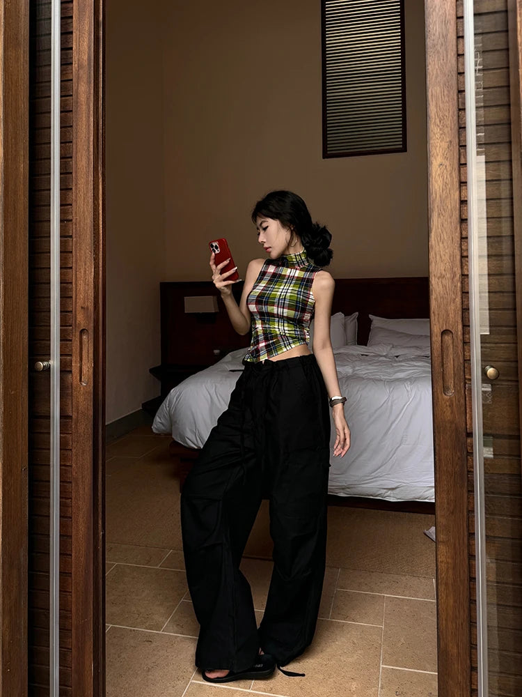 Tonngirls Vintage Tank Tops Plaid Sleeveless Skinny American Retro Crop Tops Grunge Y2k Tank Tops Streetwear Summer Classical