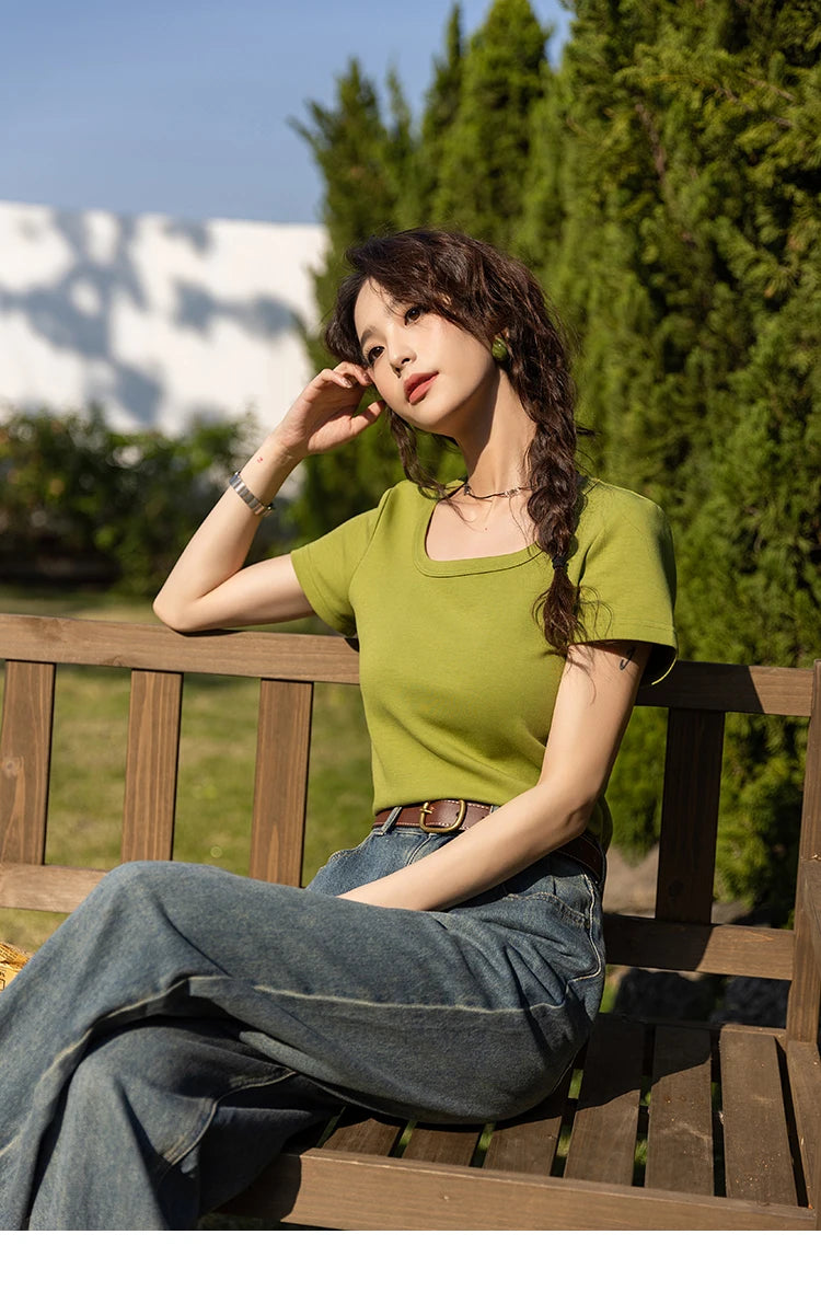 MISHOW Short Sleeve T-shirts Women Spring Solid Square-neck Top Elegant Woman Clothes Office Lady Cotton Tees MXC12T0641