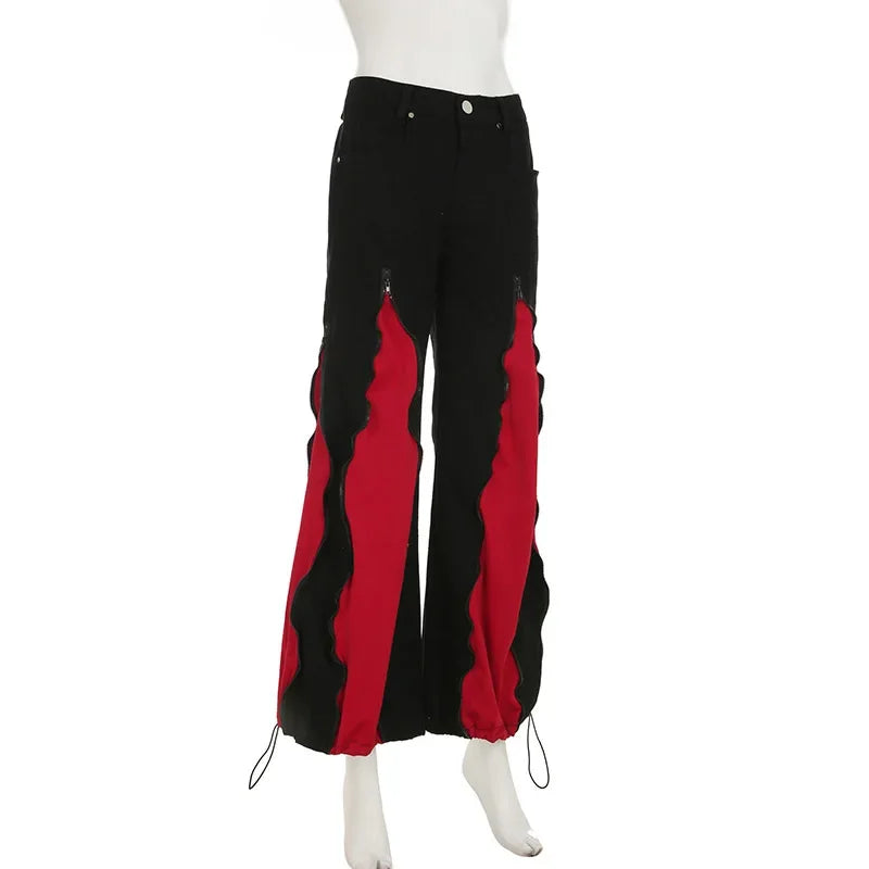 Women's Hip Hop Two-tone Patchwork Low Rise Zipper Denim Pants Baggy Wide Leg Dragging Designer Trousers High Street Jeans Pants