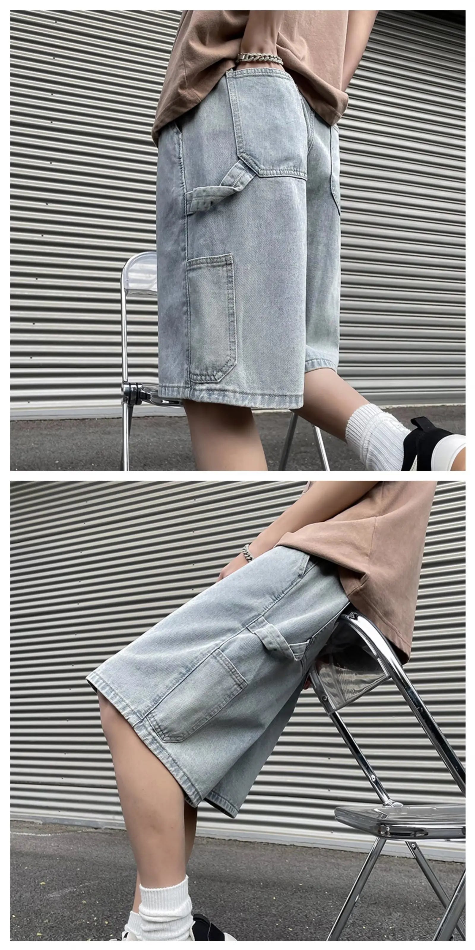Fashionable Loose-fit Straight-leg Denim Shorts Simple Solid Color Casual Versatile Men's Five-point Pants