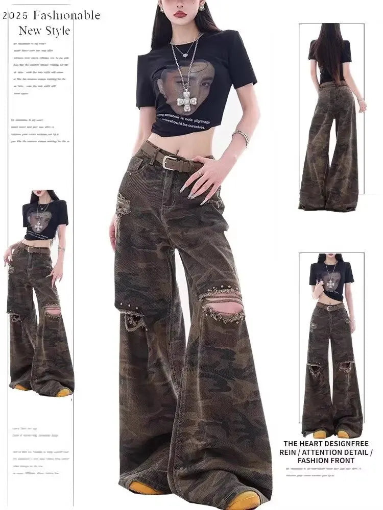Meigao Street Ripped New Retro Loose Camouflage Ripped Jeans Women's Design Straight-Light Wide Legs