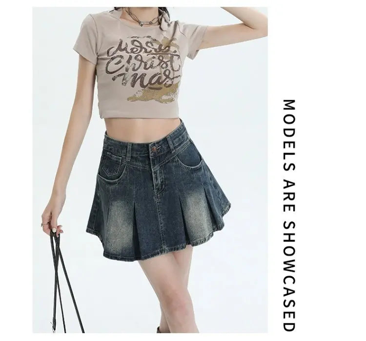 American Sle Versatile High Waist Denim  Skirt Women's Summer New plus Size Pleated Skirt Small Size Slim A-Line ves