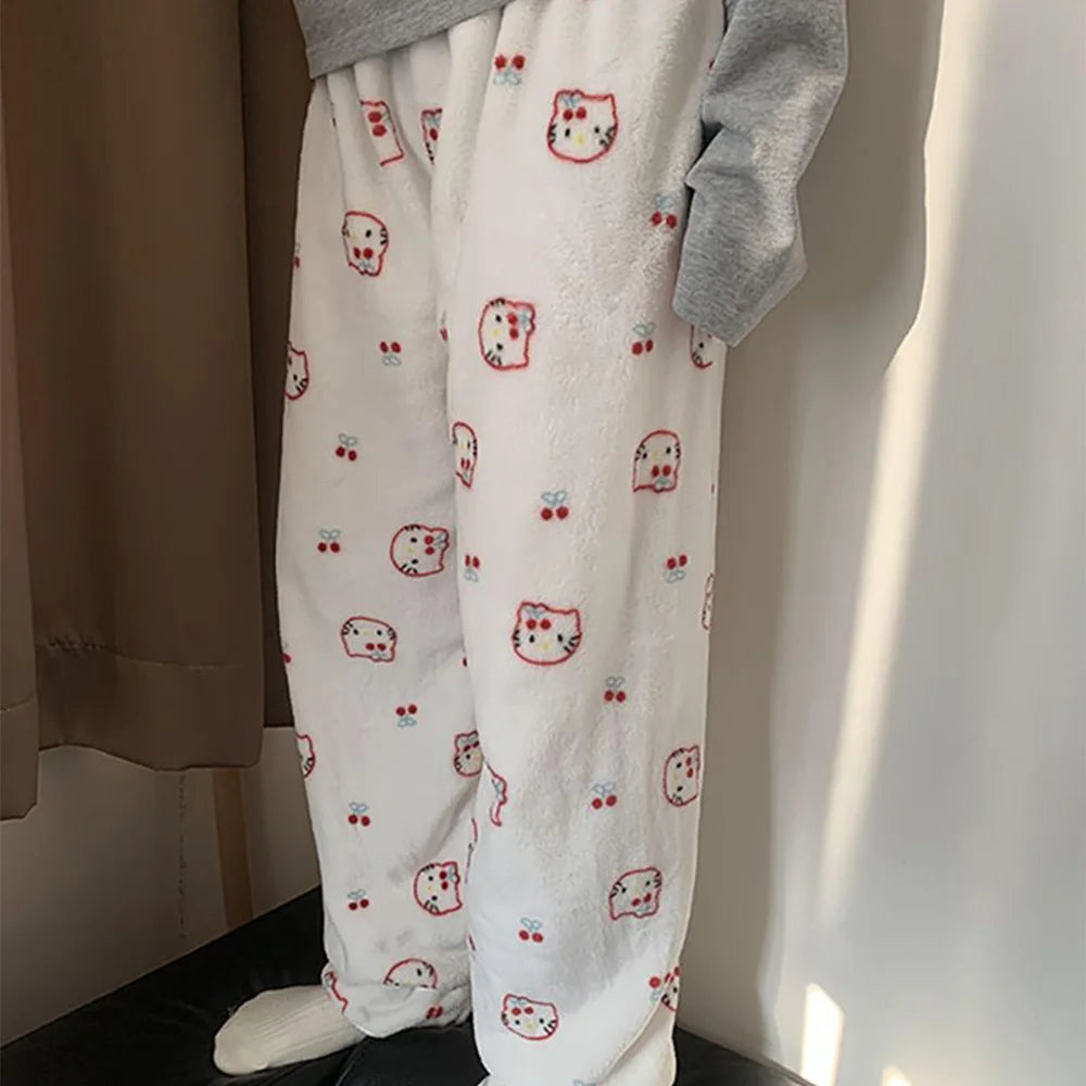 Sanrio Hello Kitty Flannel Pajamas Trouserswomen Kawaii Woolen Cartoon Casual Home Pants Autumn Women's Clothin Girl Gifts