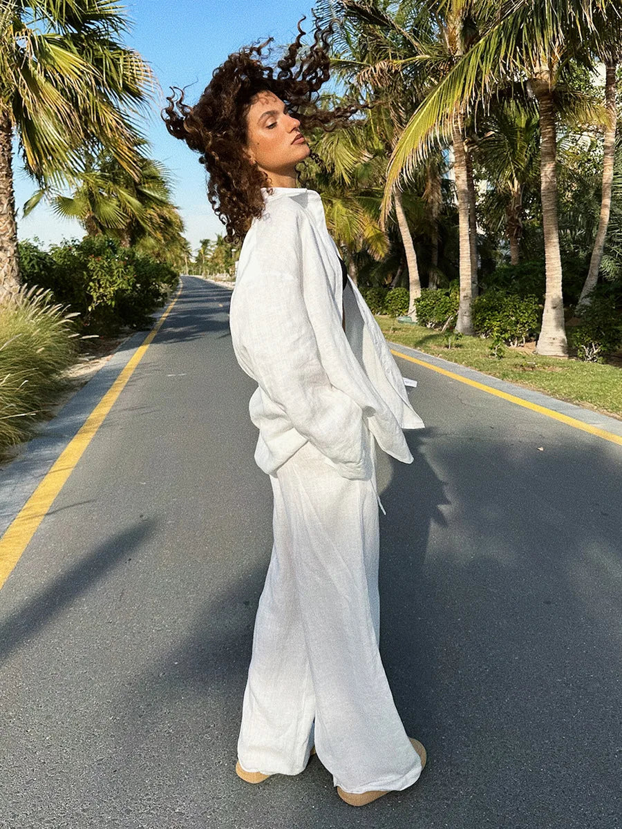 Bornladies Cotton Casual Pants Sets Women's Solid Color Cozy Lapel Long Sleeve Shirt Summer Outfit Elastic Waist Pants Suits