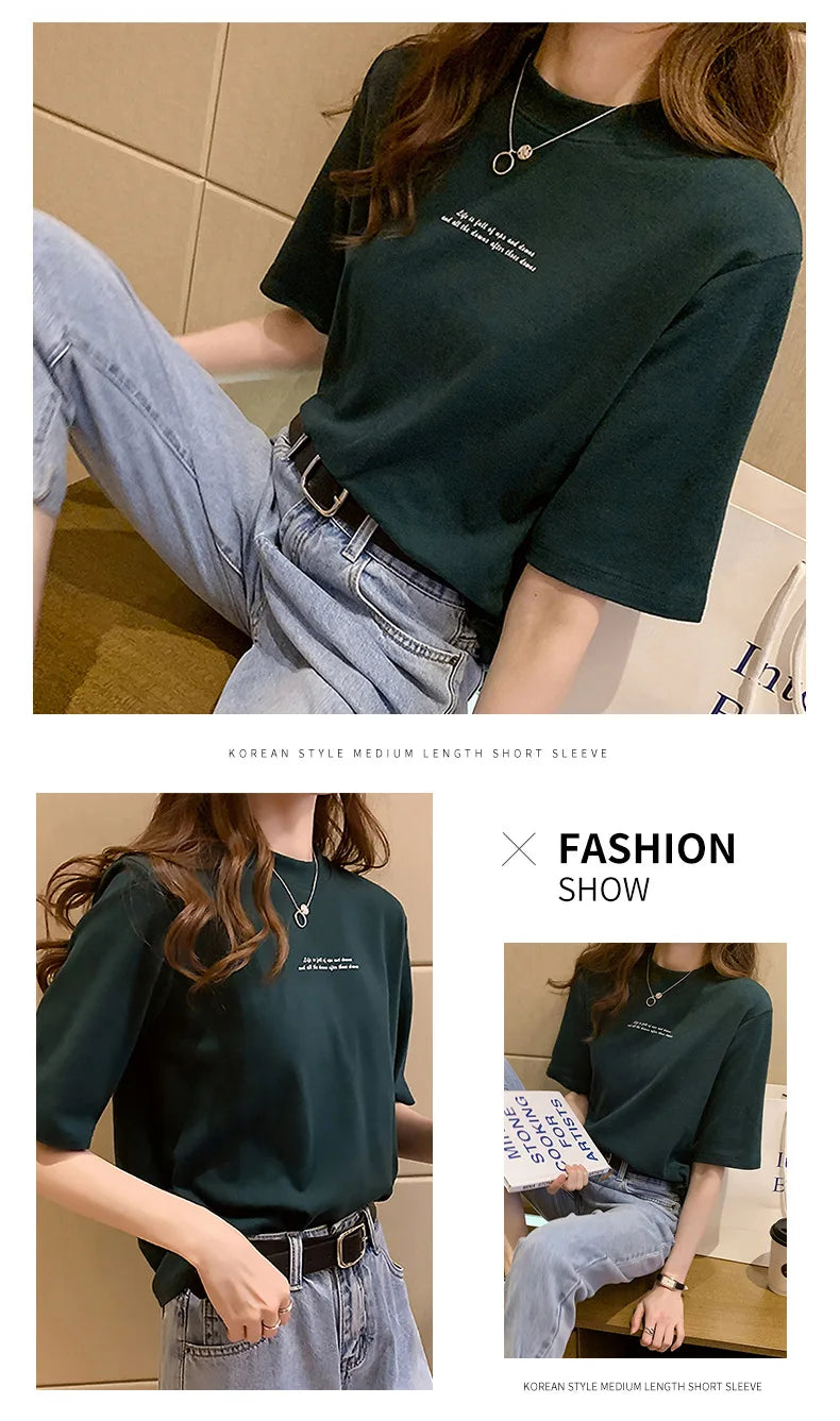 2024 Summer New Style Women's Short Sleeve T-Shirt Loose Fit Korean Version Round Neck Base Layer Top Trendy Women's T-Shirt