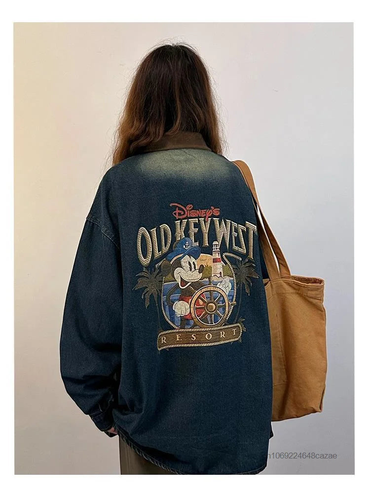 Disney Mickey Mouse American Vintage Print Denim Shirt Fashion Long Sleeve Women's Thin Jacket Spring New Trend Versatile Jacket