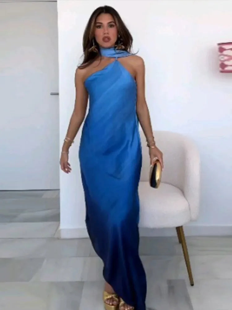 Scarf Collar Sleeveless Evening Dresses Women Backless Sexy 2025 Spring Loose High Waist Holiday Party Dress Female Elegant Robe