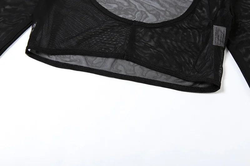 See Through Y2k Clothes Hollow Out Mesh Crop Top Skinny Camisole Mini Ropa De Mujer Rave Outfits 2 Pcs Set T Shirts For Women