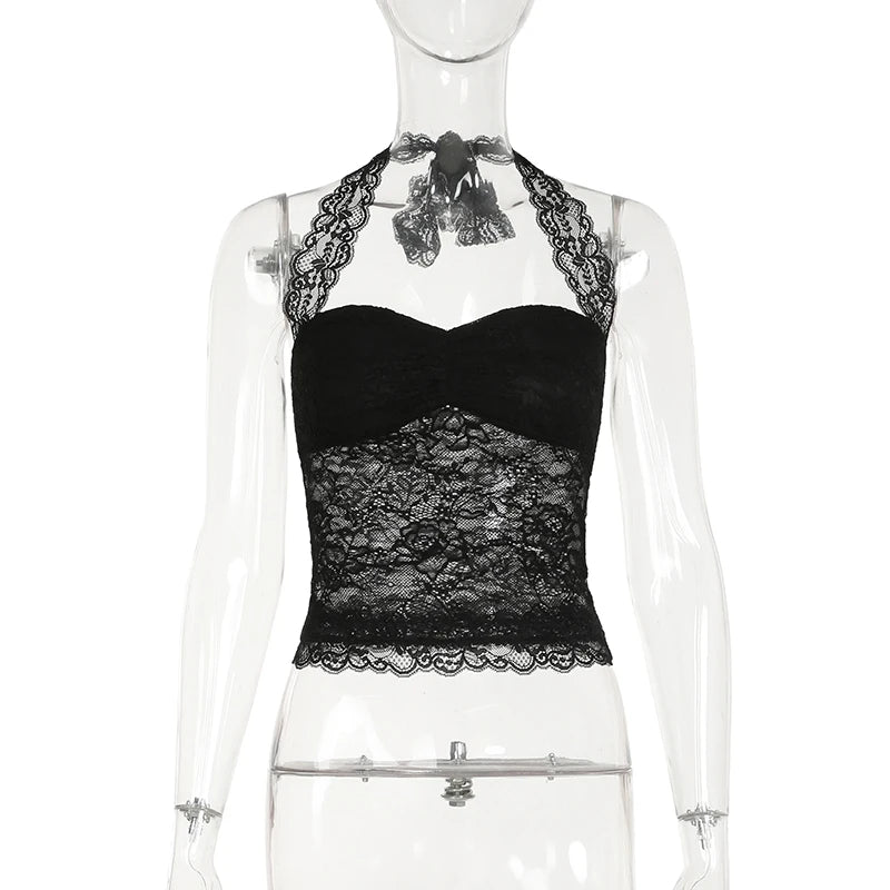 Cuteandpsycho Sexy Lace Patchwork Y2K Camisoles Backless Transparent Slim Outfits Party 90s Vintage Clubwear Halter Neck Tops