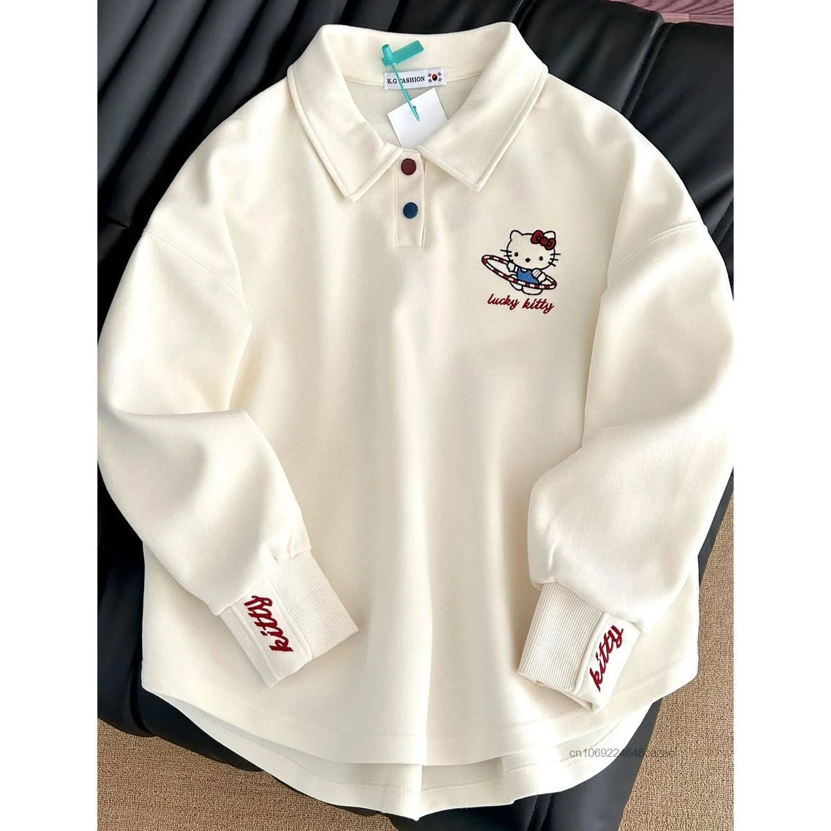 Sanrio Hello Kitty 2025 Spring New Polo Hoodie Women Korean Version Trend Casual Top Y2K Sweet Girl College Style Loose Pullover