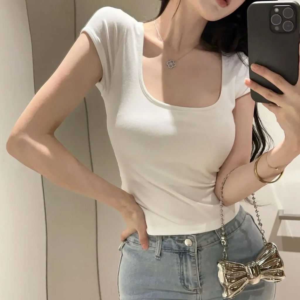 U-neck Short-sleeve T-shirt for Women Summer Slim-fit Sexy Sheer Mesh Fashionable Versatile Cropped Top
