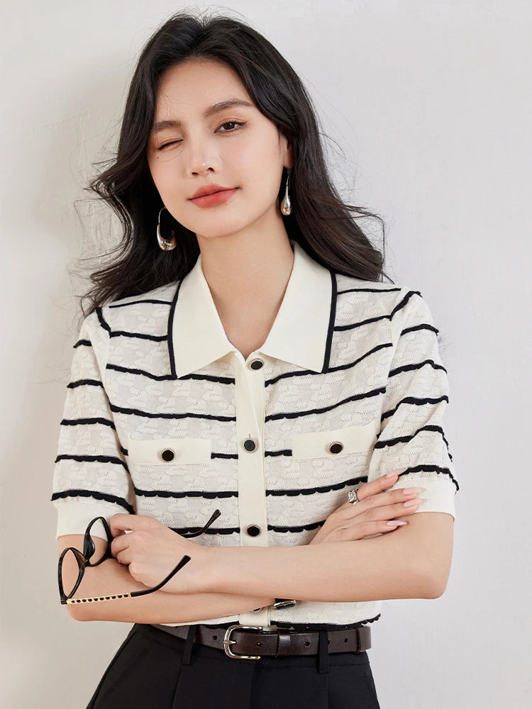 Striped Knitted Cardigan Sweater Women Short Sleeve Single-breasted Tops Jumpers 2024 Spring Stylish Fashion Chic Outwear