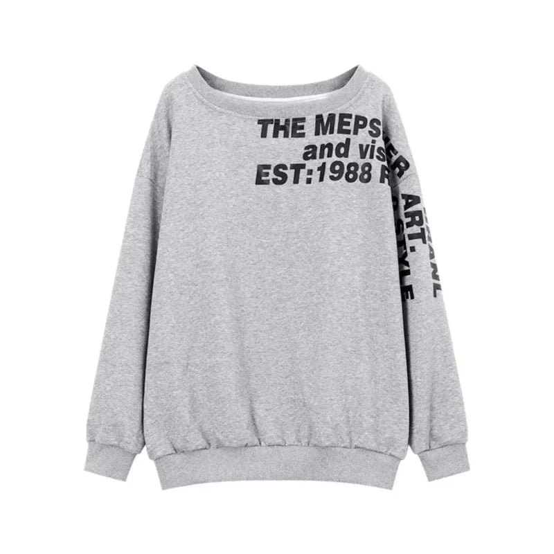 Shoulder Bared Vintage Print Letter Long Sleeve Sweatshirt Women's Autumn New Style Small Audience Oblique Shoulder Irregular Lo