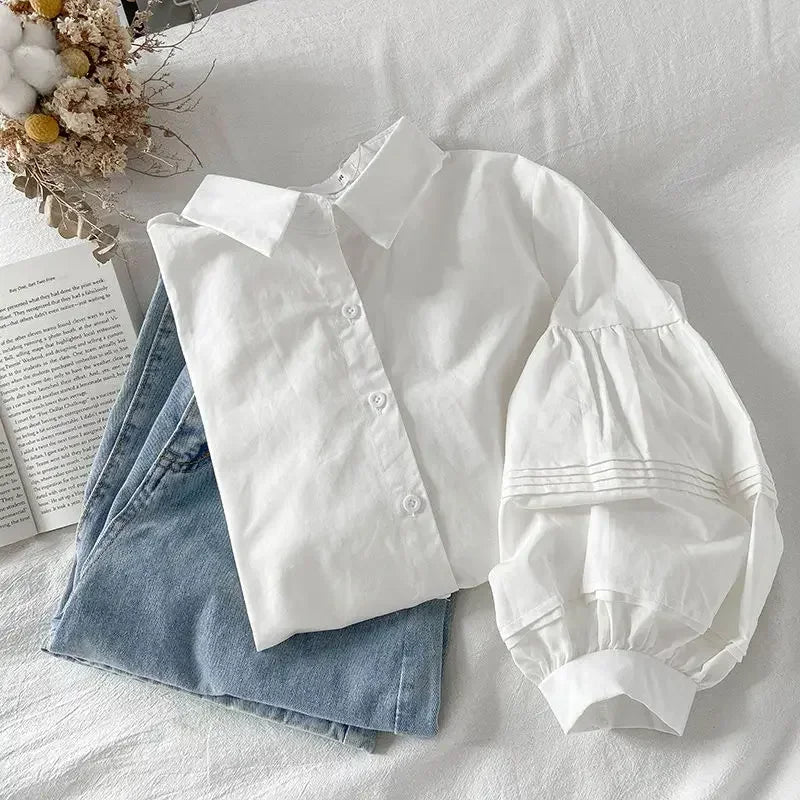 2024 Puff Sleeve Shirts Women White Turn Down Collar Preppy Sense of Design Chic Female Tops Korean Fashion Simple Summer Blouse