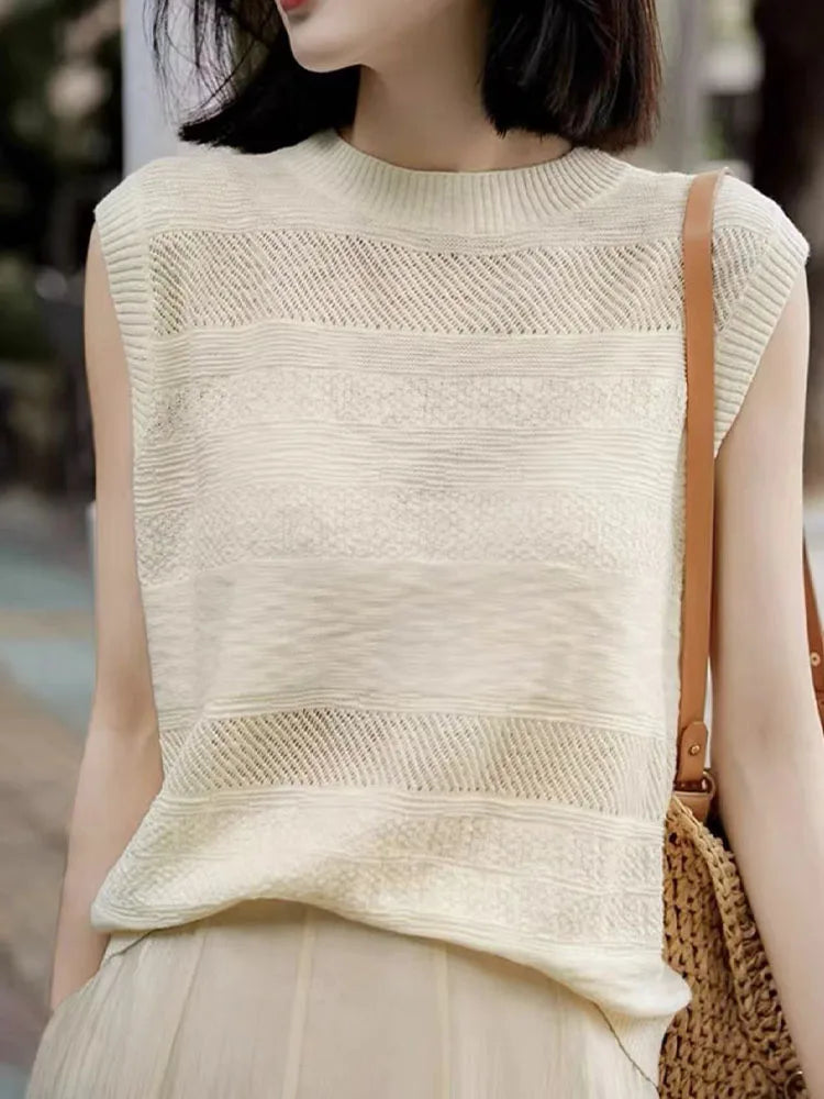 Women's Fashion Sleeveless Tees ONeckPullover Summer Worsted Wool Top Hollow Out T-Shirts Simple Elegant And Smooth Cool Comfort