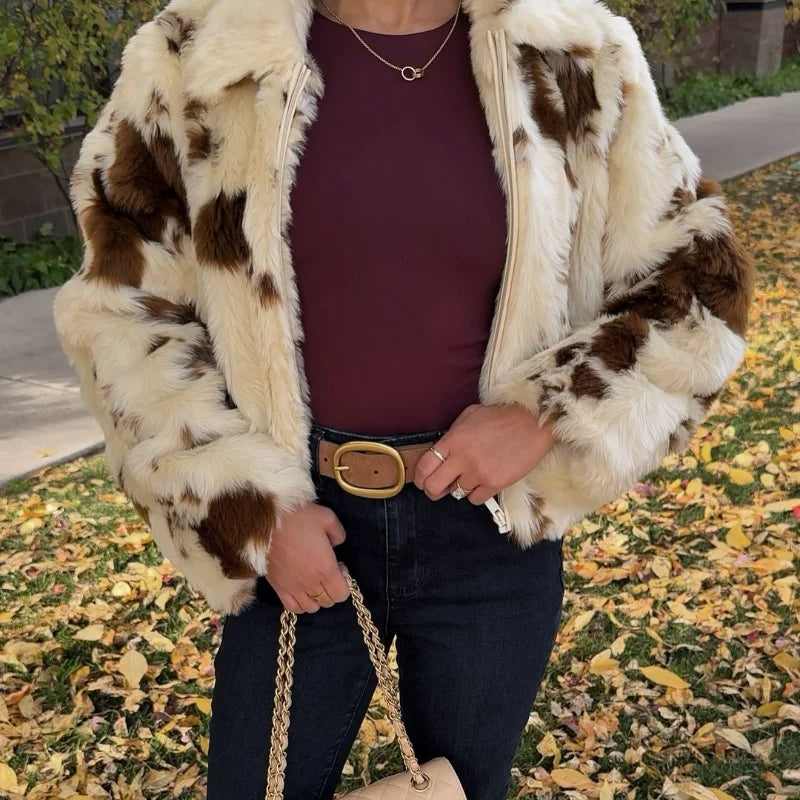 Faux Fur Contrast Women Coat 2025 Lapel Zipper Long Sleeve Female Coats Vintage Autumn Winter Pocket Thicken Warm Lady Outwear