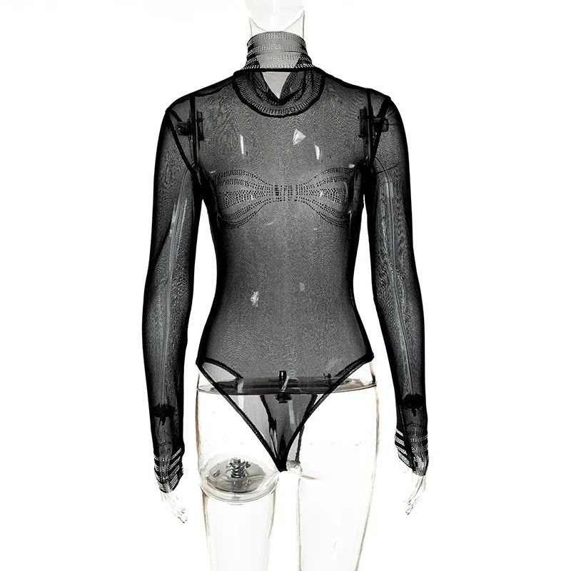 Sexy Bodysuit Lingerie Applique One-Pieces Body Feminino See Through Black Top Women Rave Outfit Turtleneck Lenceria Tranparente