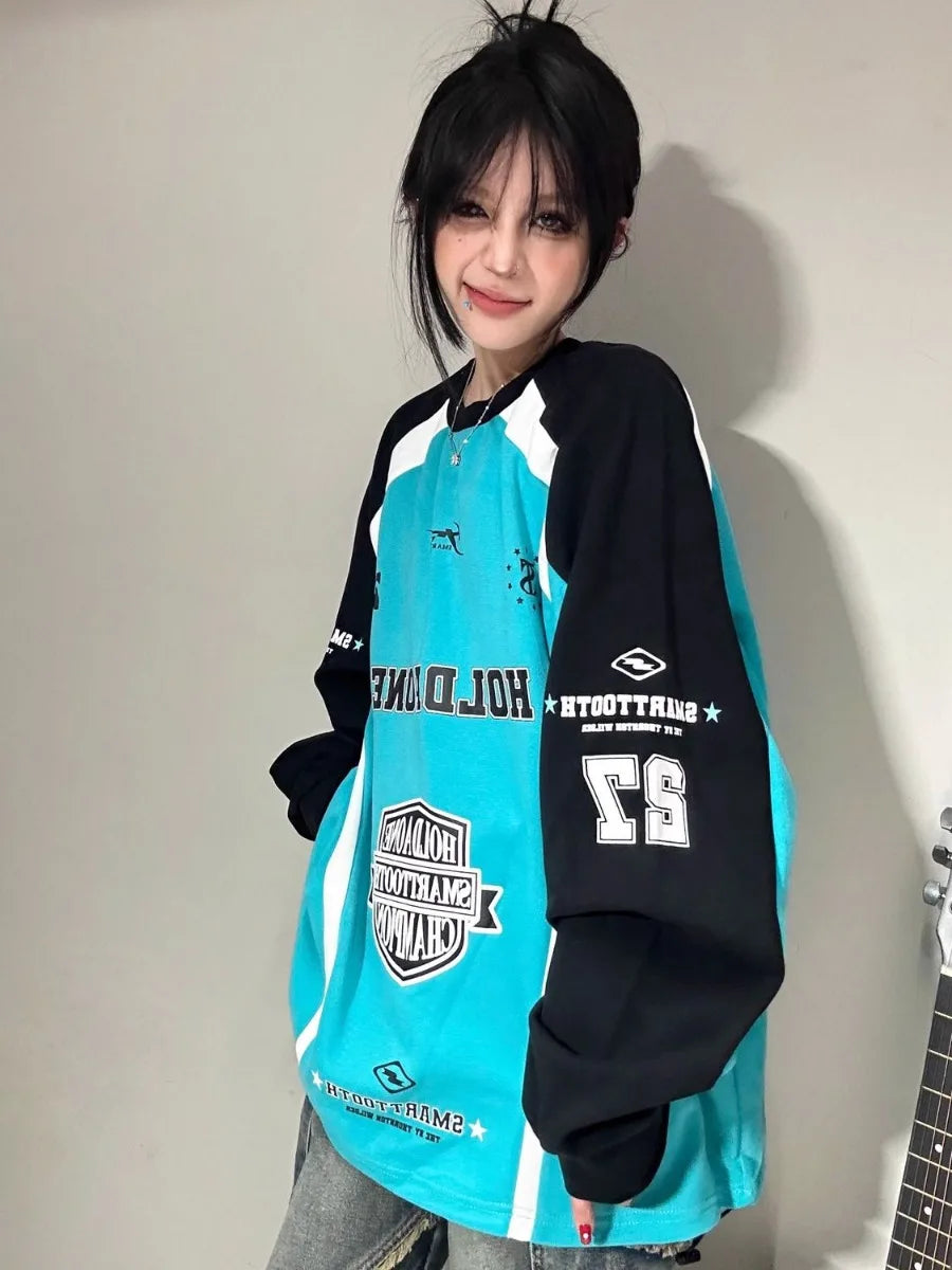 New American Retro Street Brand Color Matching Casual Color Matching Sweater Male Loose Couple Long Sleeve Racing Jacket Female