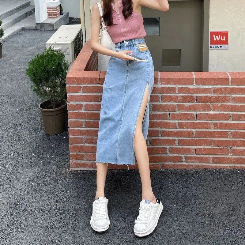 Mid-Length Denim Mini Skirt for Women High Waist Slimming Split Knee-Length Summer Trendy Cotton Half Body Skirts