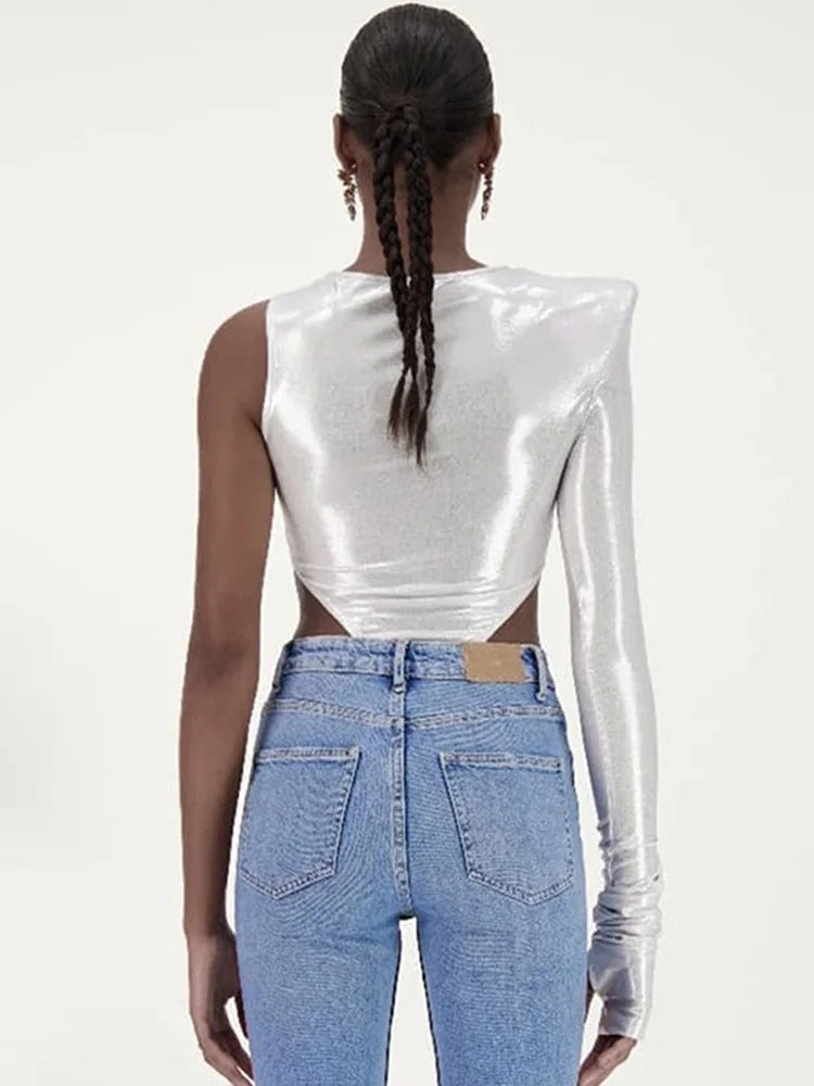 Shoulder Pads Metallic Asymmetrical Sexy Bodysuit Casual Playsuit Soild Splicing Lady Jumpsuit Slim Fit O-Neck Streetwear Tops