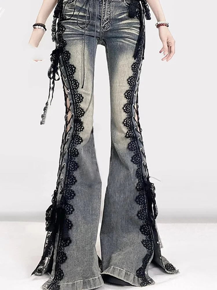 Sexy Punk Flared Jeans Long Trouser Women Lace Up Front Hollow Cut Out Bell Bottom Tied Up High Waist Streetwear Pants