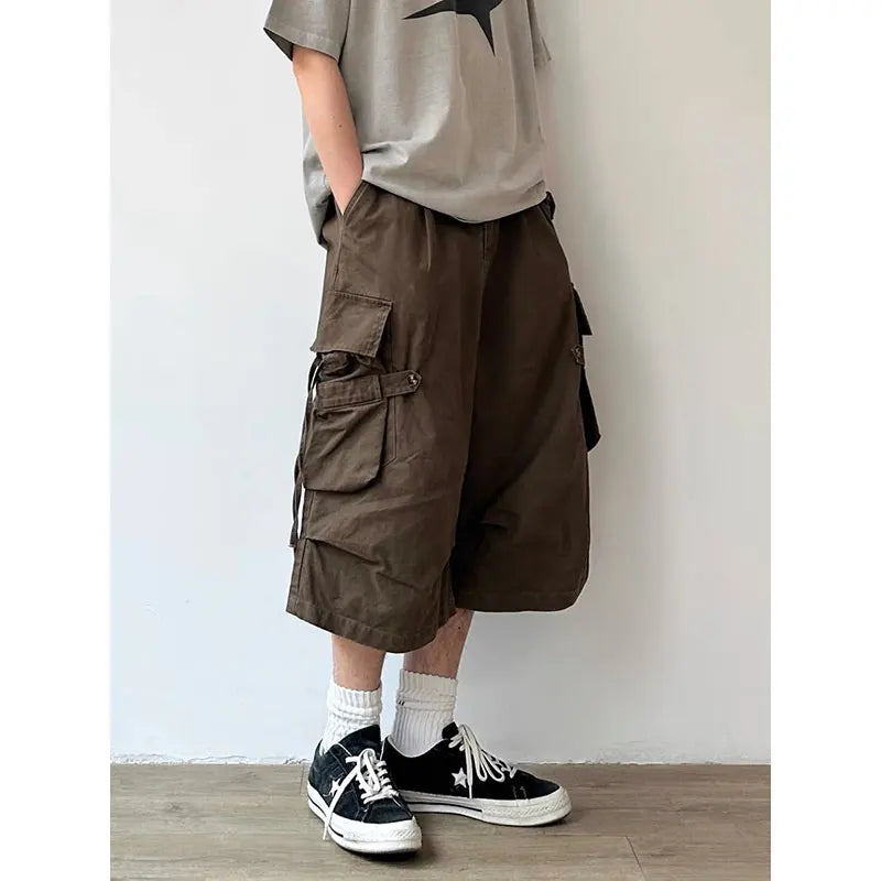 Vintage Brown Cargo Shorts Women Oversized Y2k Grunge Cropped Pants Wide Leg Hip Hop Style Streetwear Baggy Pockets Short Pant
