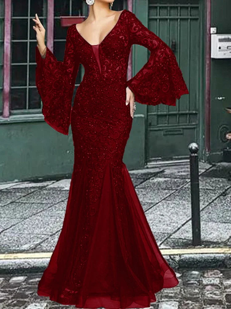 Rafiah Boutique Women's Even Dress 2025 Summer Sophisticated Glamorous Long Dress Long Sleeve V-Neck Wedding Mermaid Hem