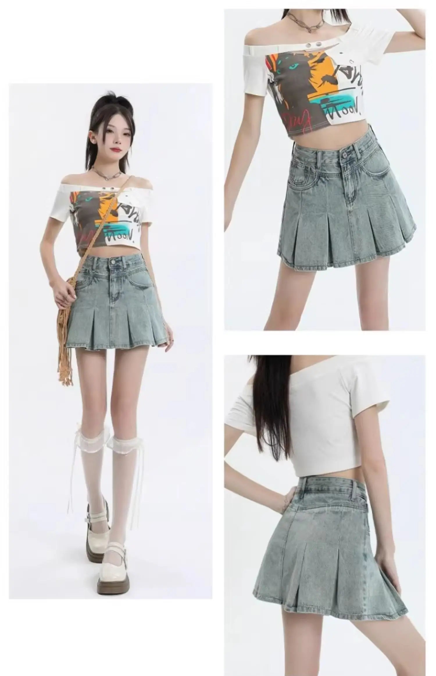 American Sle Versatile High Waist Denim  Skirt Women's Summer New plus Size Pleated Skirt Small Size Slim A-Line ves